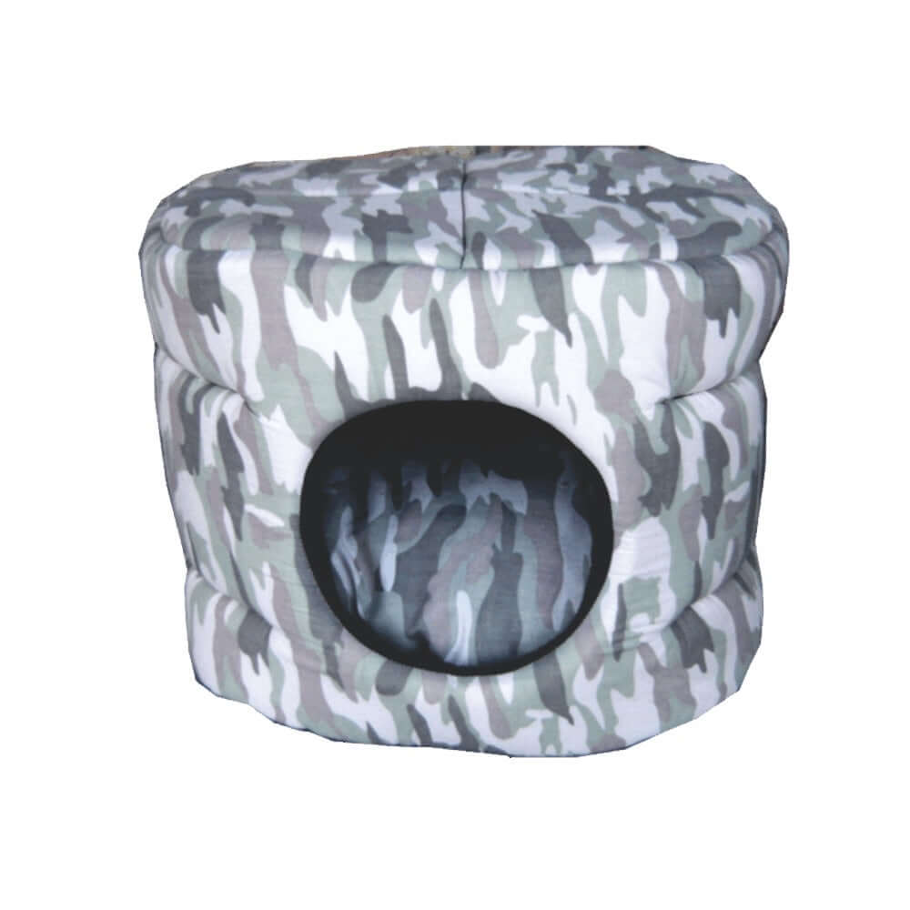 Pawsome Barrel Foam Bed in modern camouflage design, cozy bed for small pets with a snug sleeping space.