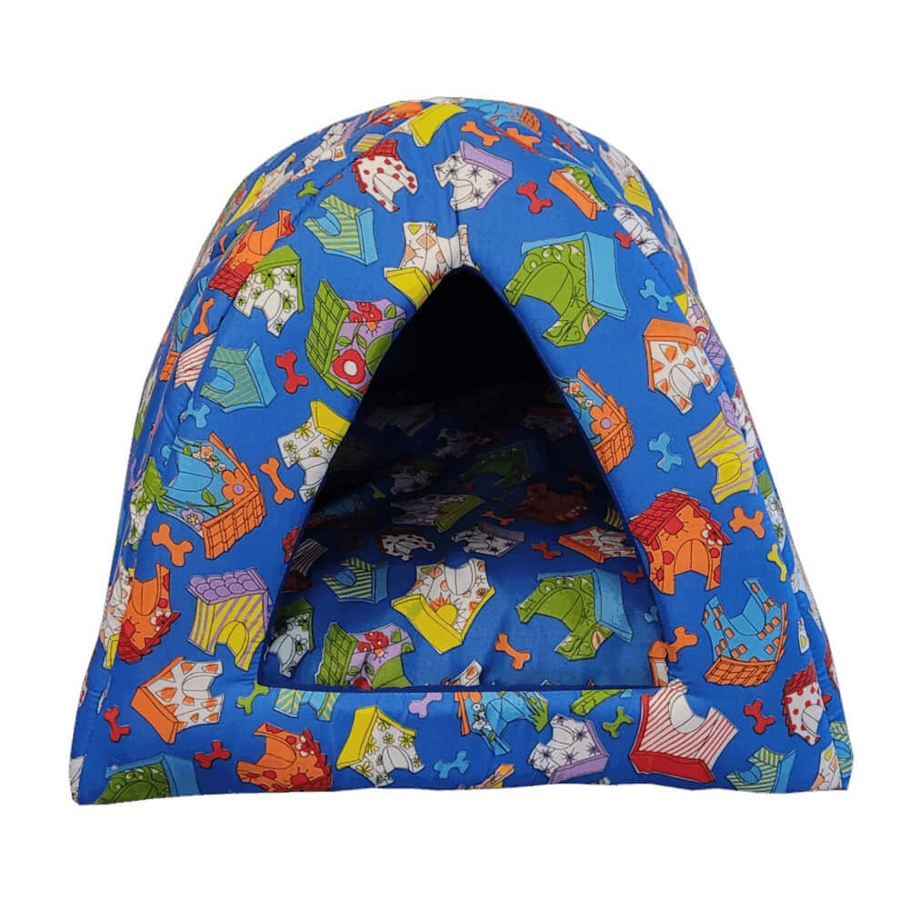 Pawsome Cat Camper Large in blue with colorful patterns, cozy tent-style design for cats and small pets.