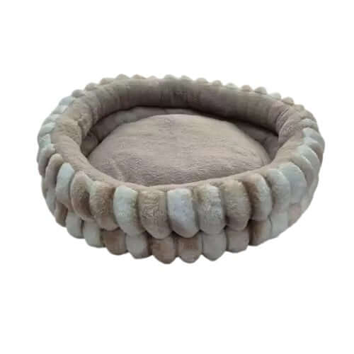 Plush Sleeper Fur Pod in brown color, round pet bed designed for comfort and warmth for cats and small to medium-sized dogs.