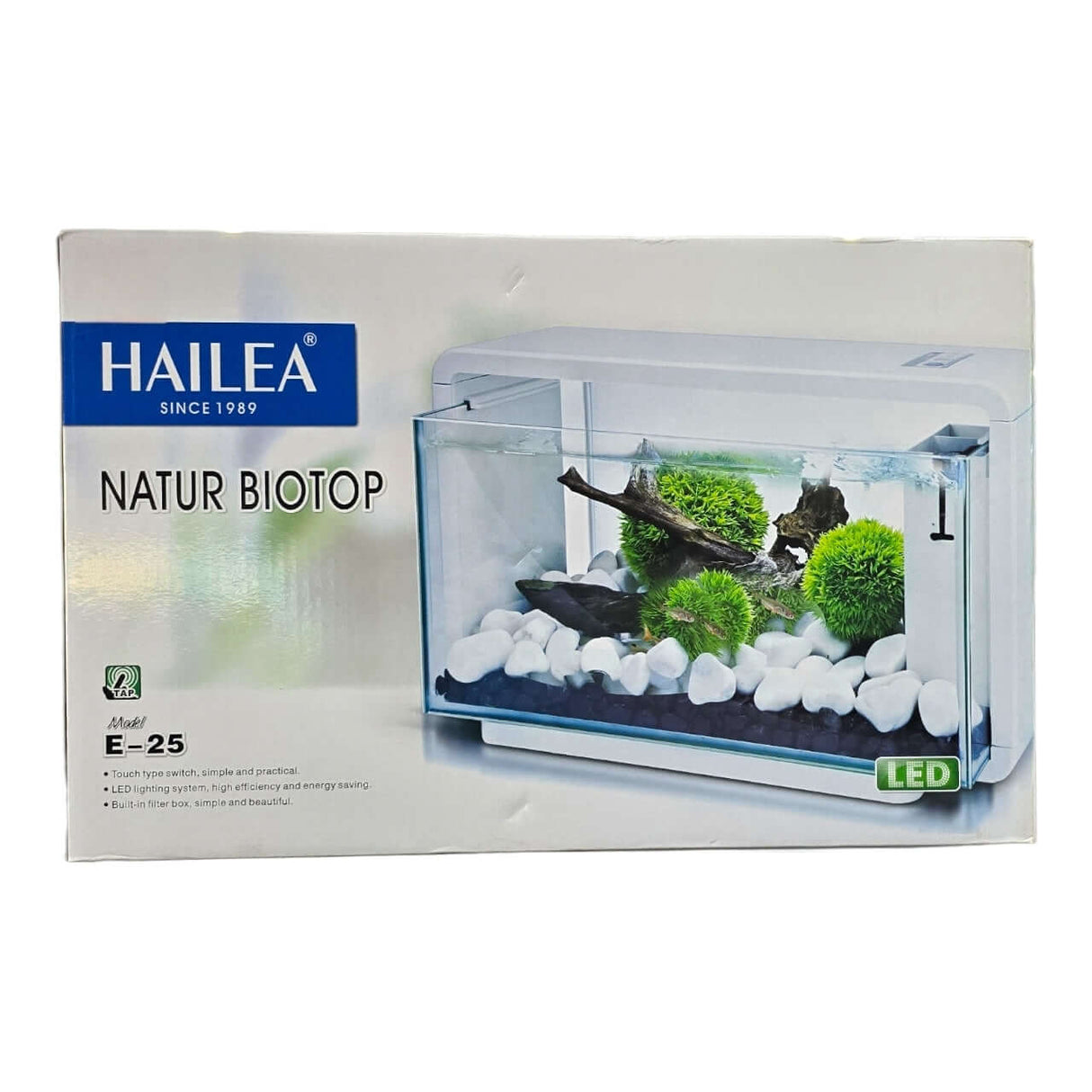 Hailea E Series Aquariums packaging with LED lighting and designed for biotope setups.