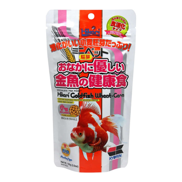 Hikari Goldfish Wheat-Germ Mini Fish Food packaging featuring a vibrant red goldfish and wheat-germ pellets.