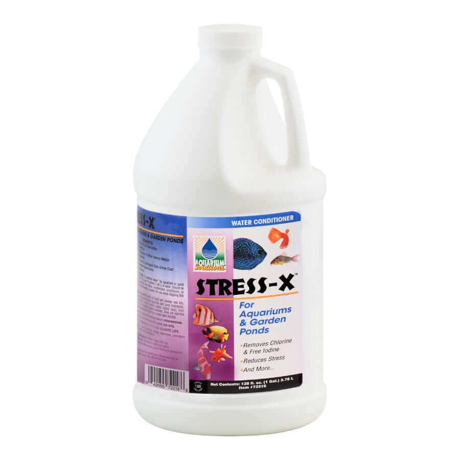 Hikari Stress-X 3.8L water conditioner bottle for aquariums and garden ponds, removes chlorine and reduces fish stress.
