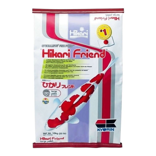 Hikari Friend Koi Food 10kg package featuring a floating pellet for healthy pond fish nutrition.