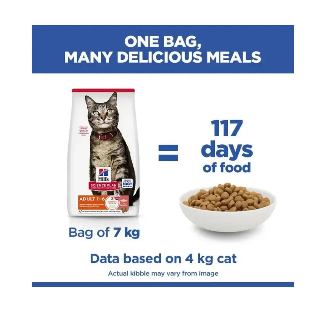 Hills Science Plan Adult Cat Food Salmon Flavour 7kg bag with kibble, providing 117 days of meals for cats.