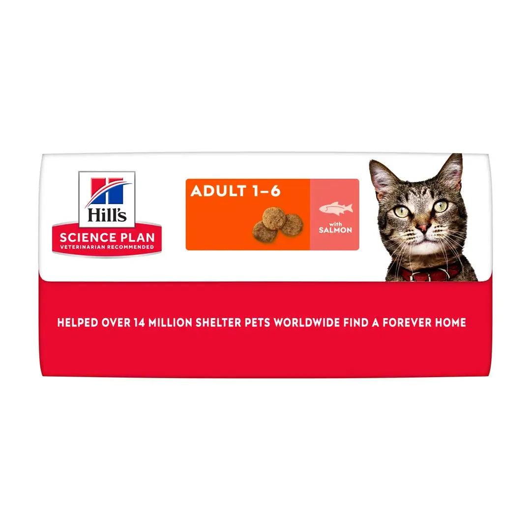 Hills Science Plan Adult Cat Food Salmon Flavour packaging with cat image and kibble.
