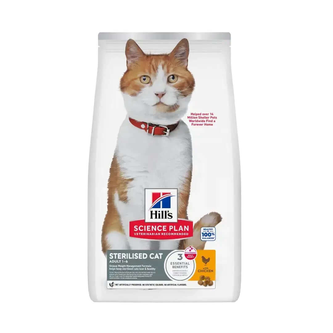 Hills Science Plan Adult Sterilised Cat Food Chicken Flavour 3kg bag with a sterilised cat featured on the packaging.