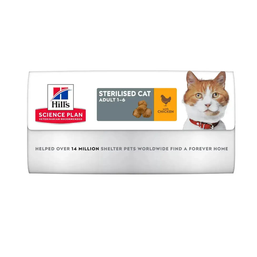 Hills Science Plan Adult Sterilised Cat Food Chicken Flavour 3kg packaging featuring a cat and product details.