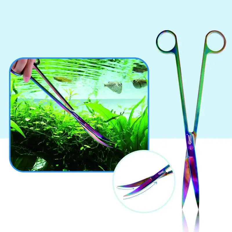 Hygger Stainless Steel Aqua Scaping Tool Set in use for trimming aquatic plants in a lush aquarium environment.