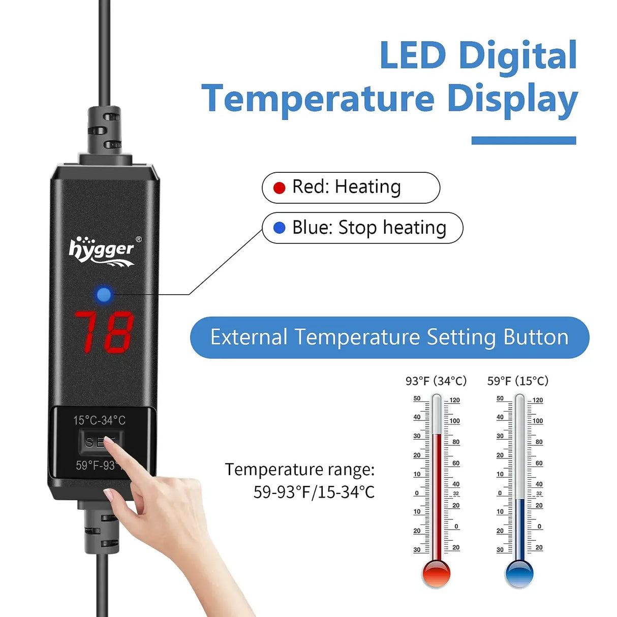 Hygger Mini Portable Aquarium Heater LED digital temperature display showing heating status and settings.