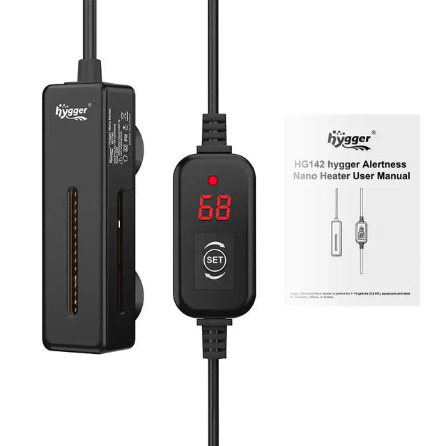 Hygger Nano Aquarium Heater 20W with digital display and user manual for precise temperature control.