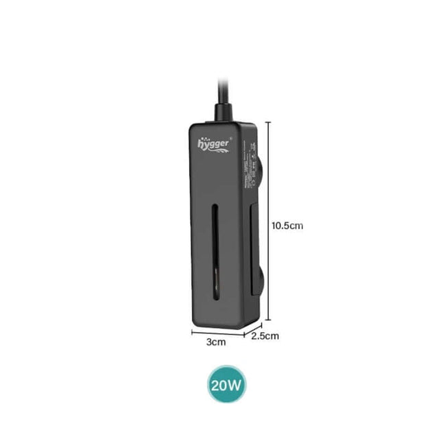 Hygger Nano Aquarium Heater 20W with dimensions for precise temperature control in small aquatic habitats.