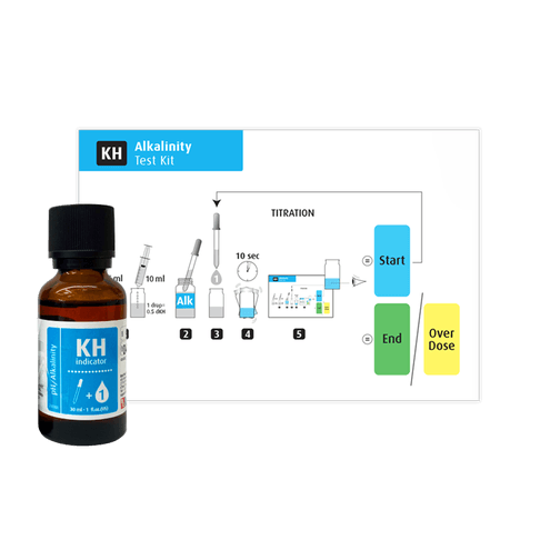 Red Sea MCP pH Alkalinity Test Kit with KH indicator bottle and titration instructions for accurate water testing.
