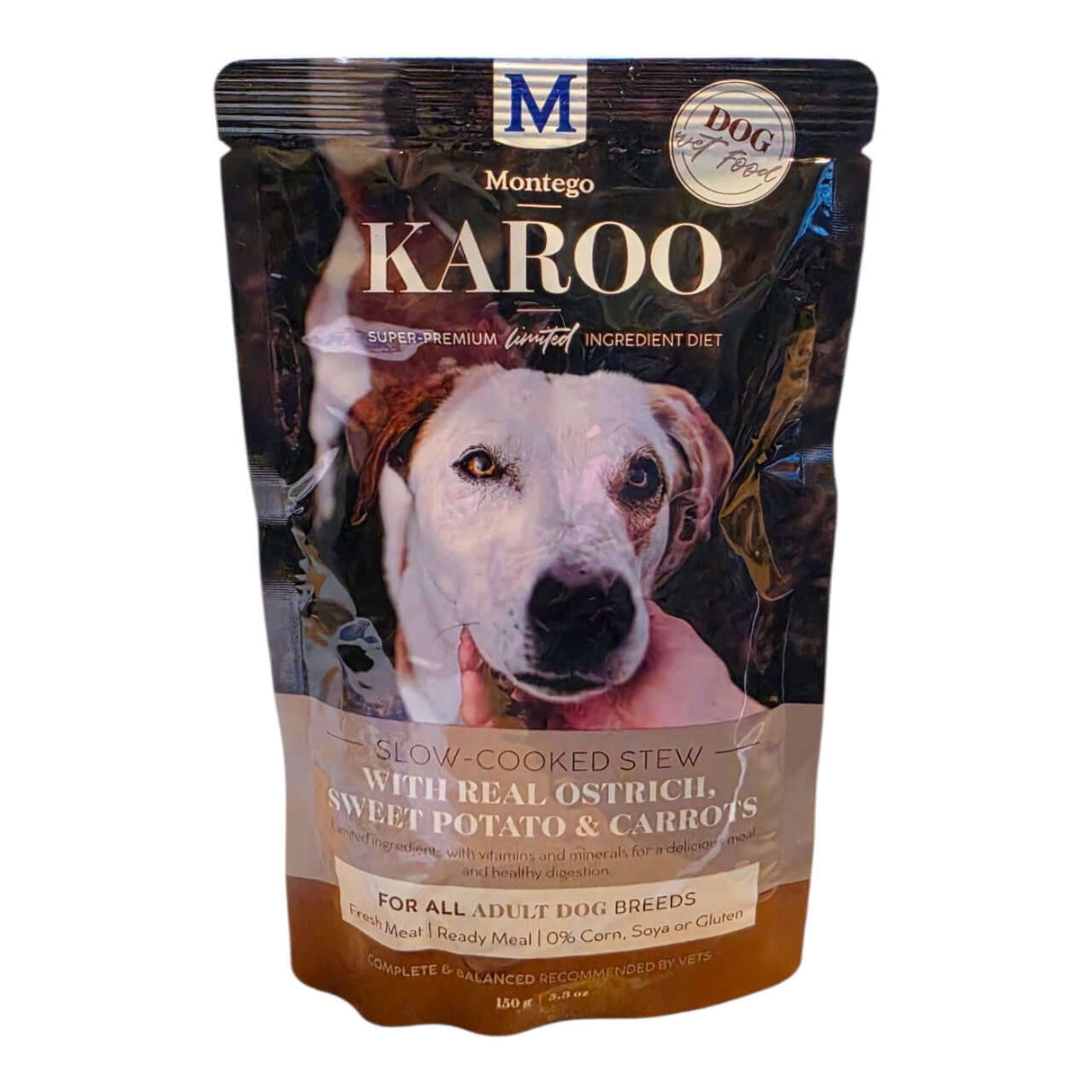 Karoo Slow Cooked Stew Wet Dog Food 150g with real ostrich, sweet potato & carrots in a packaging.