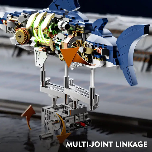 MJI Machinery Shark 13054 showcasing multi-joint linkage design with intricate internal mechanisms and gears.
