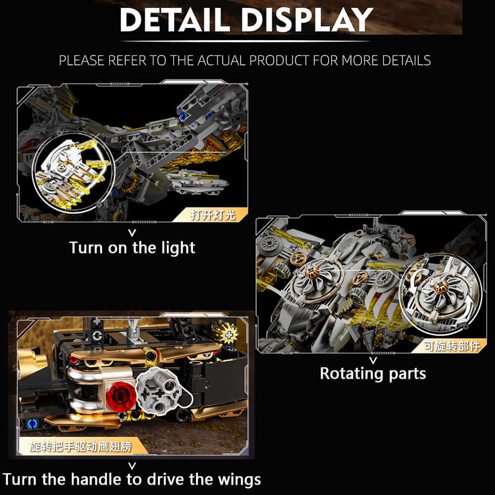 Detail display for MJI Mechanical Eagle 13084 showing light activation and rotating parts in action.