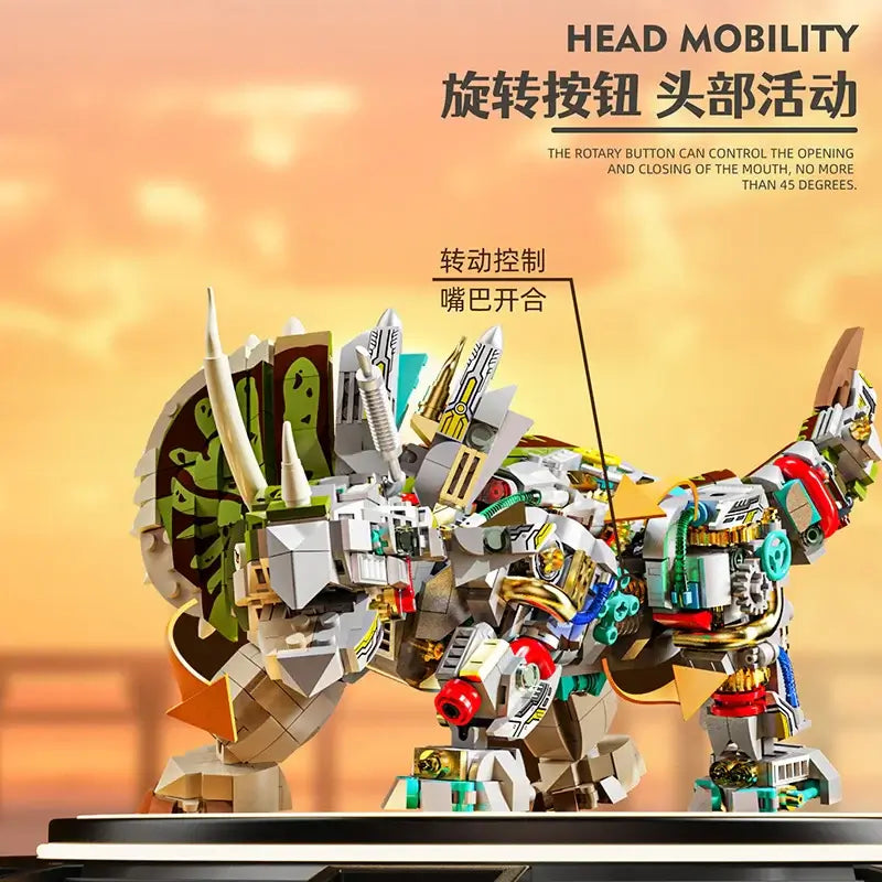 MJI Machinery Dinosaur Triceratops 13051 showcasing head mobility and semi-mechanical features for interactive play.