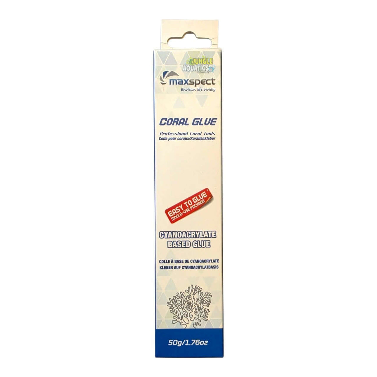 Maxspect Coral Glue 50g Tube packaging, thick cyanoacrylate-based glue for aquascaping and coral gluing projects.