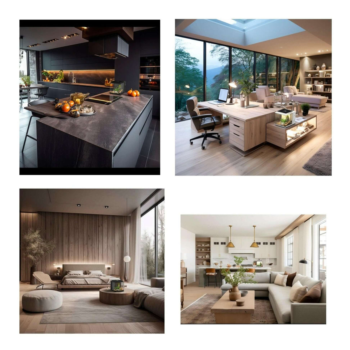 Modern interior designs showcasing stylish kitchens and living spaces with natural light and elegant decor.