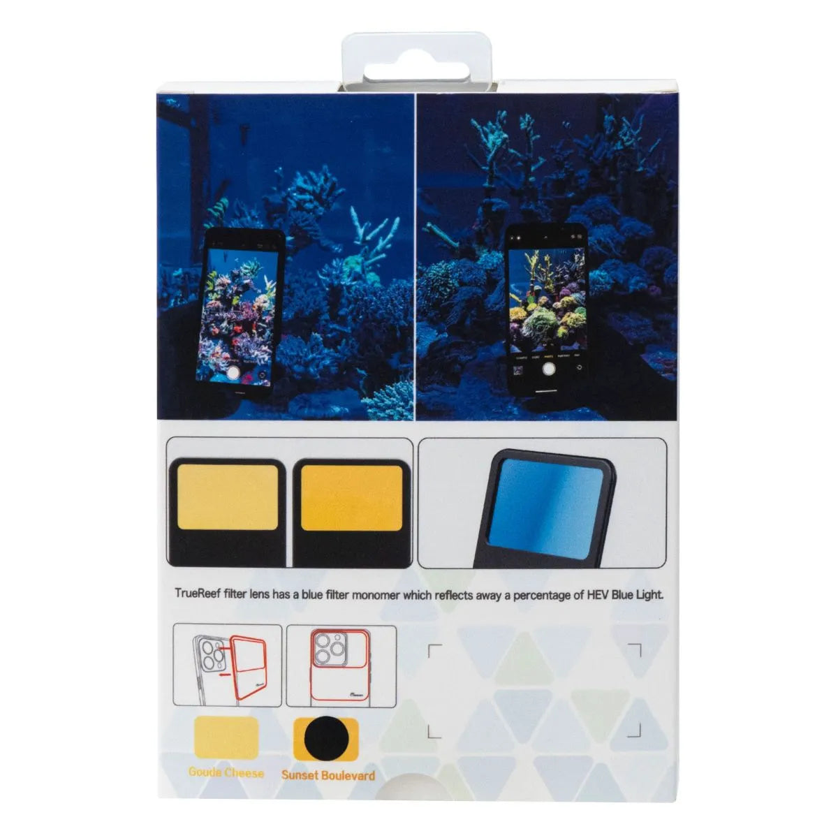 Maxspect TrueReef Filter Lens packaging showcasing blue light filtering for vibrant coral photography.