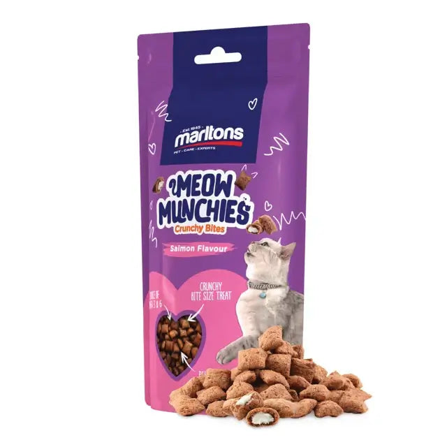 Marltons Meow Munchies Crunchy Cat Treats Salmon flavor 50g package with crunchy bites for healthy cats.