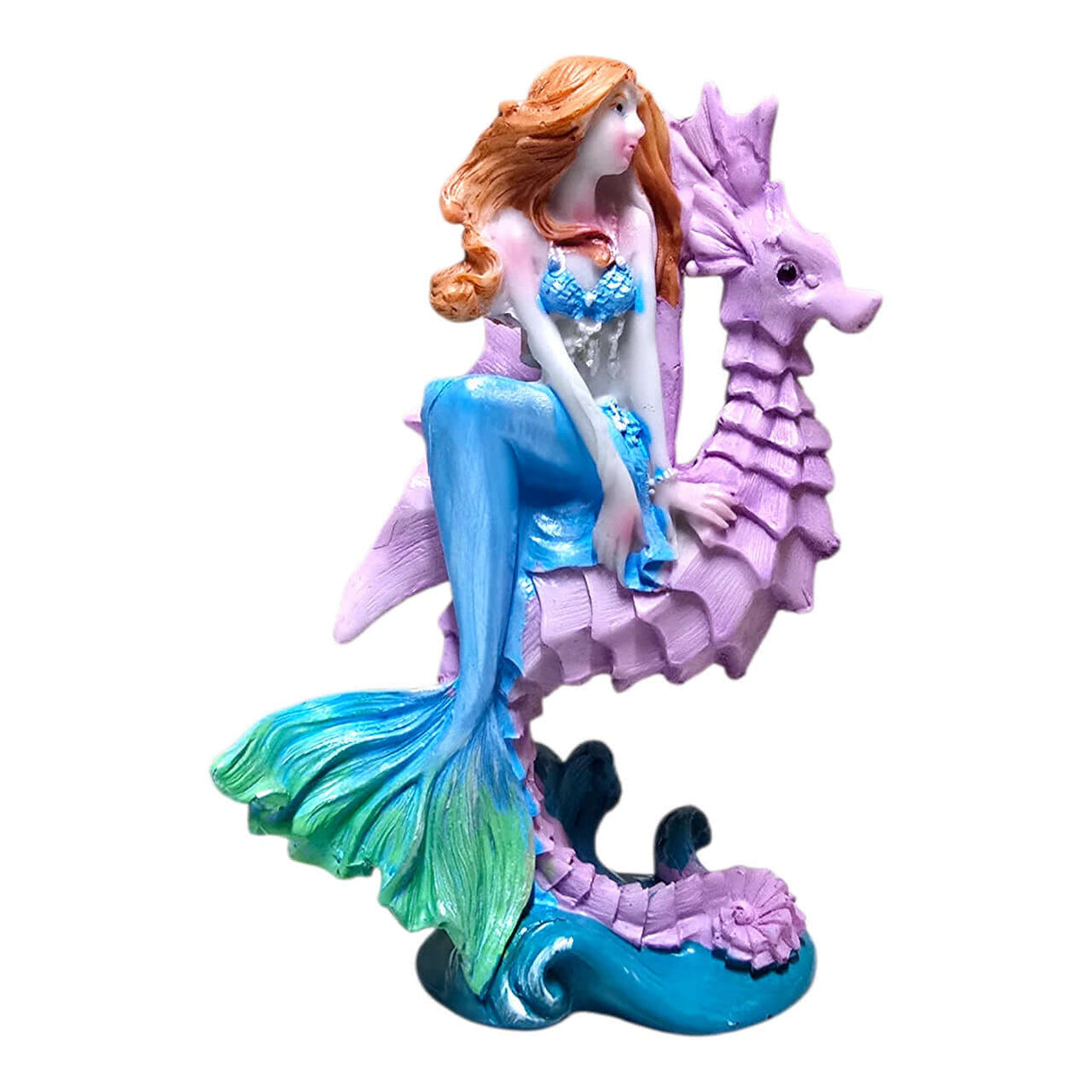 Mermaid with Seahorse Ornament featuring a colorful mermaid on a seahorse, ideal for enhancing aquariums.