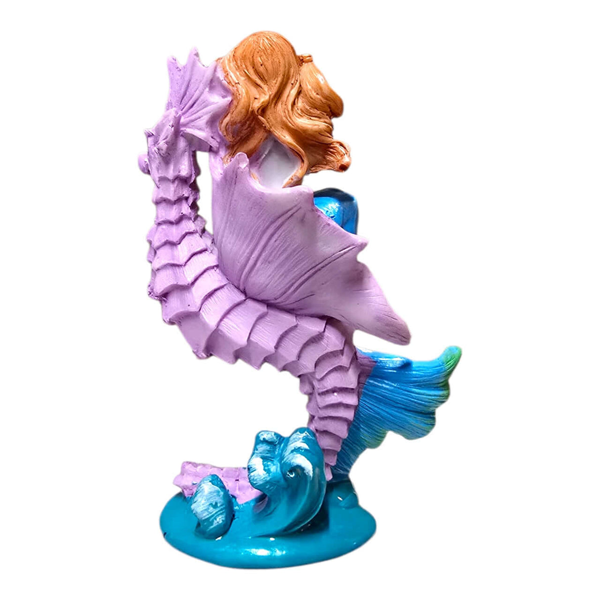 Mermaid with Seahorse Ornament showcasing a detailed mermaid figure on a seahorse for aquarium decor.