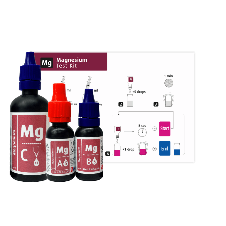 Red Sea MCP Magnesium Test Kit with bottles and instructions for accurate magnesium measurement in aquariums.