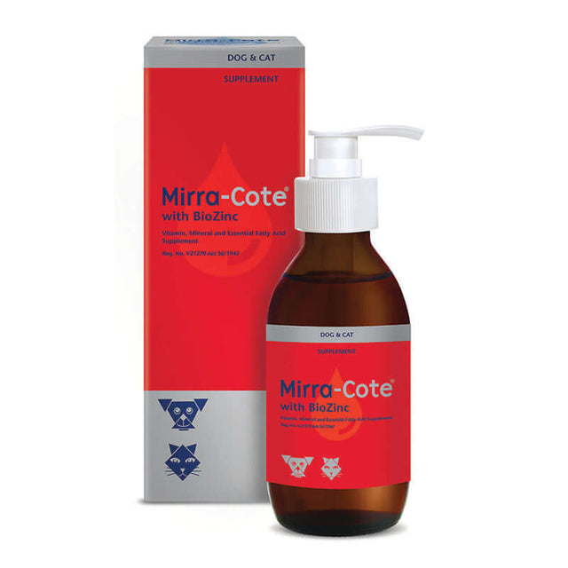 Mirra-Cote with Biozinc pet supplement for dogs and cats in a pump bottle with a vibrant red packaging.