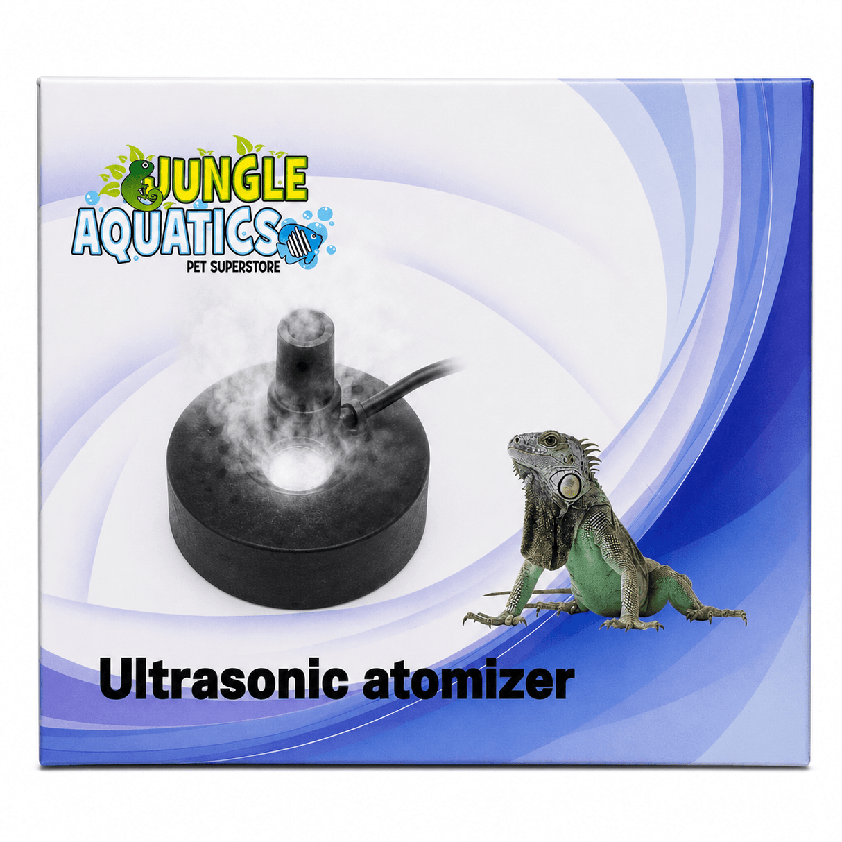Mist Maker Without LED Ultrasonic atomizer for reptiles by Jungle Aquatics with mist effect and iguana illustration.