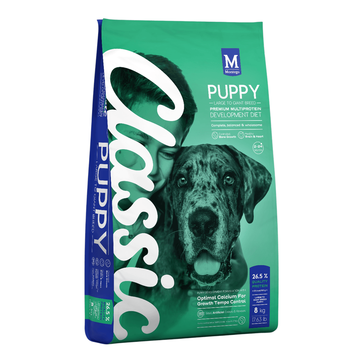 Montego Classic Puppy Large Breed Dog Food 8kg packaging with nutritious puppy food for large breeds.