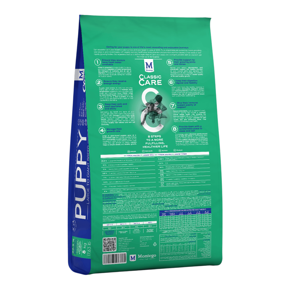Montego Classic Puppy Large Breed Dog Food 8kg bag with nutritional information and feeding guidelines.