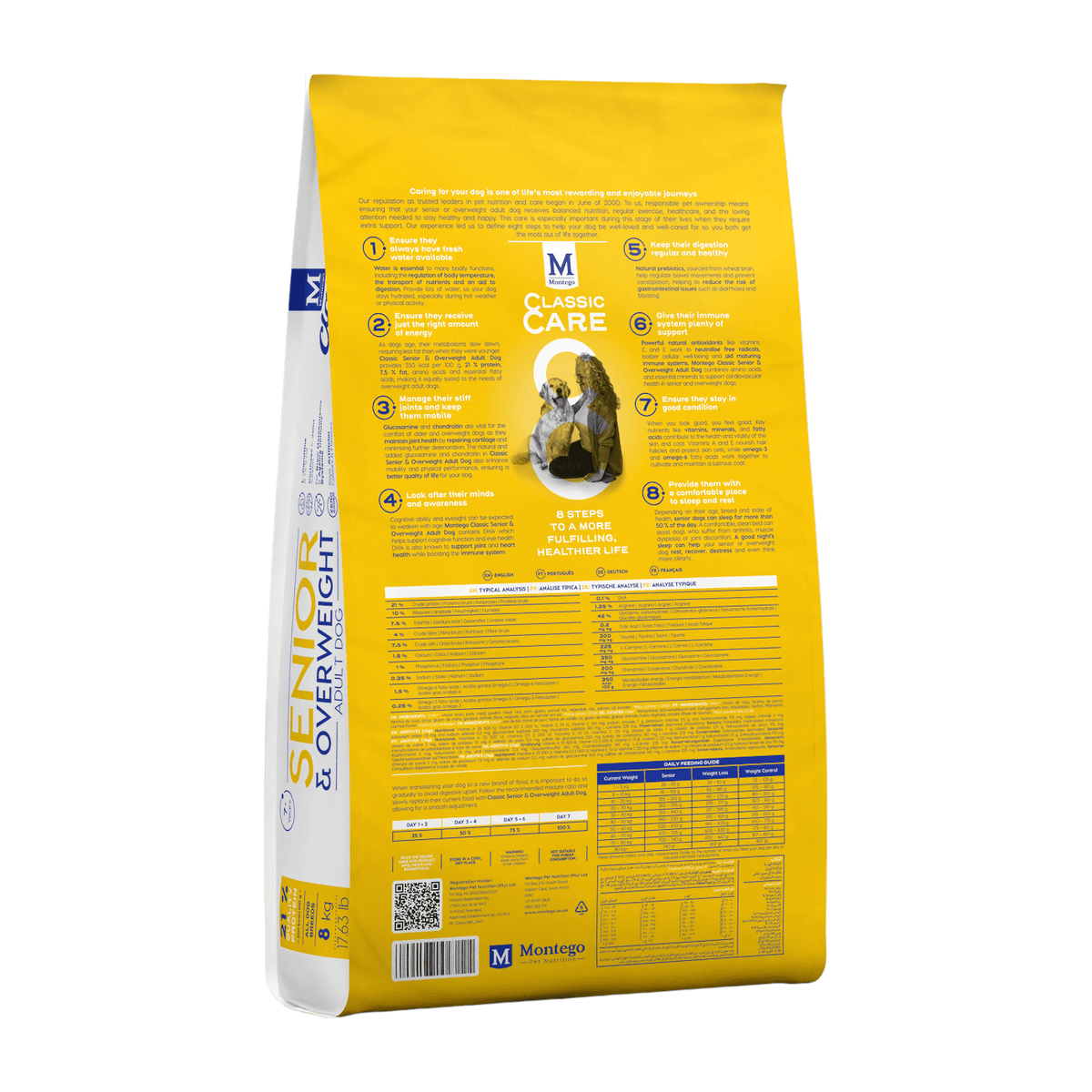 Montego Classic Senior Dog Food 8kg packaging highlighting senior dog care tips and nutrition information.