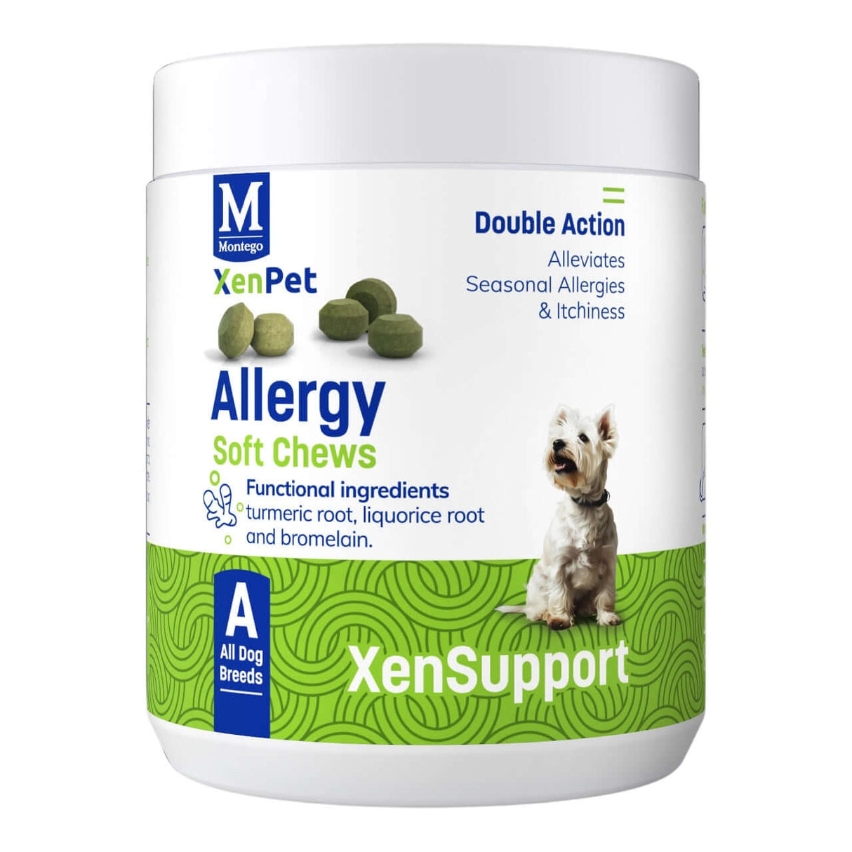 Montego XenPet Allergy Soft Chews - 240g package with green chews for relieving dog allergies and itchiness.