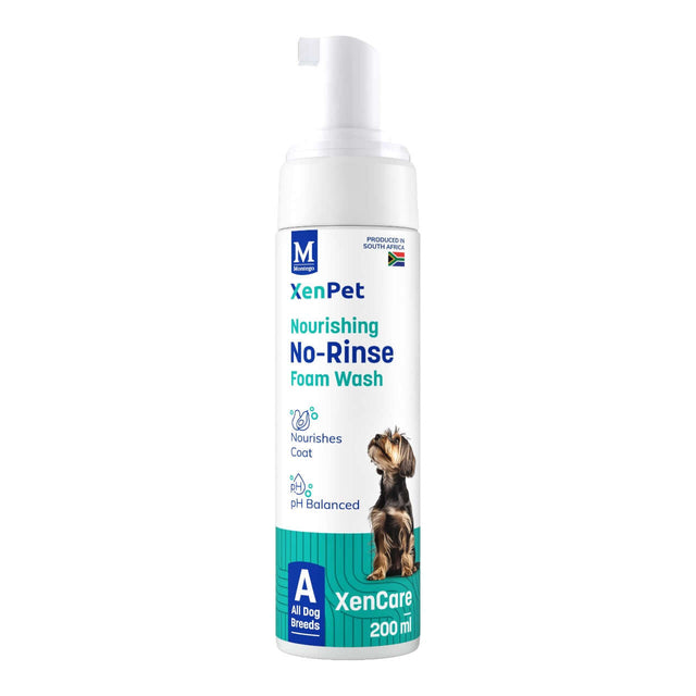 Montego XenPet No Rinse Foam Wash 200ml bottle, nourishing foam wash for pets, easy waterless cleaning.