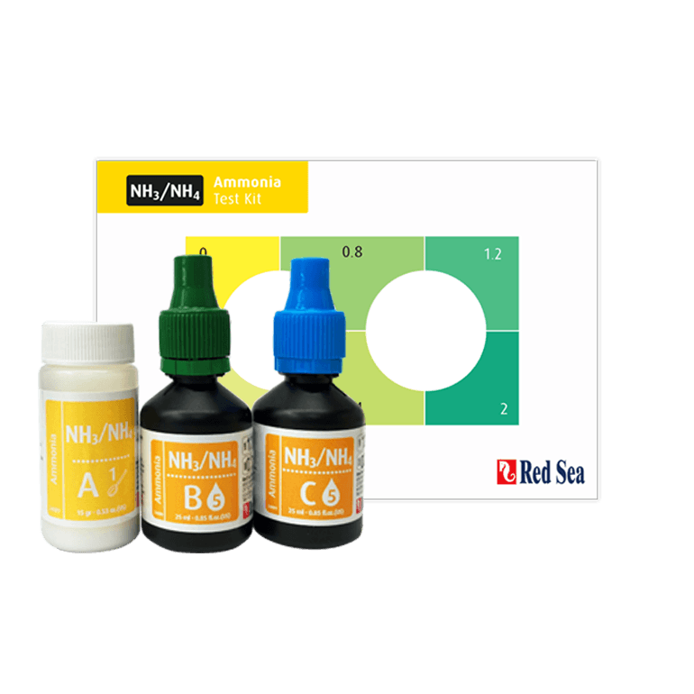 Red Sea MCP Ammonia Test Kit with reagents for measuring ammonia levels in marine aquariums.