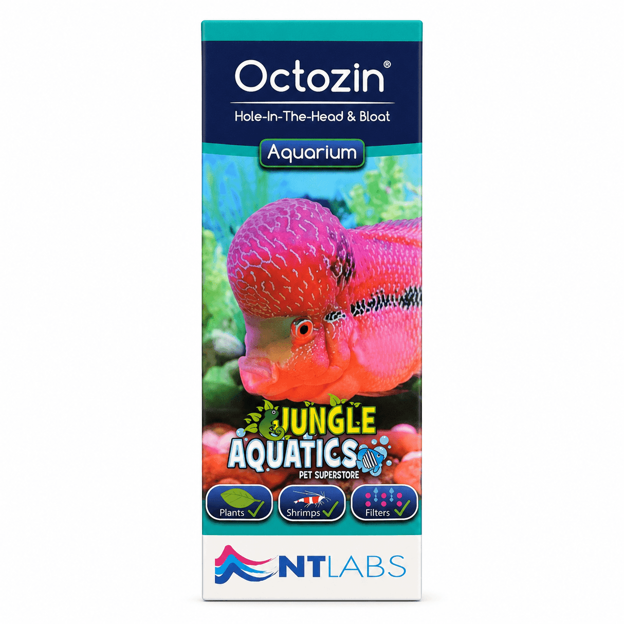 NT Labs Octozin 250ml box for treating Hole-in-the-Head and Bloat in fish, featuring vibrant fish image.