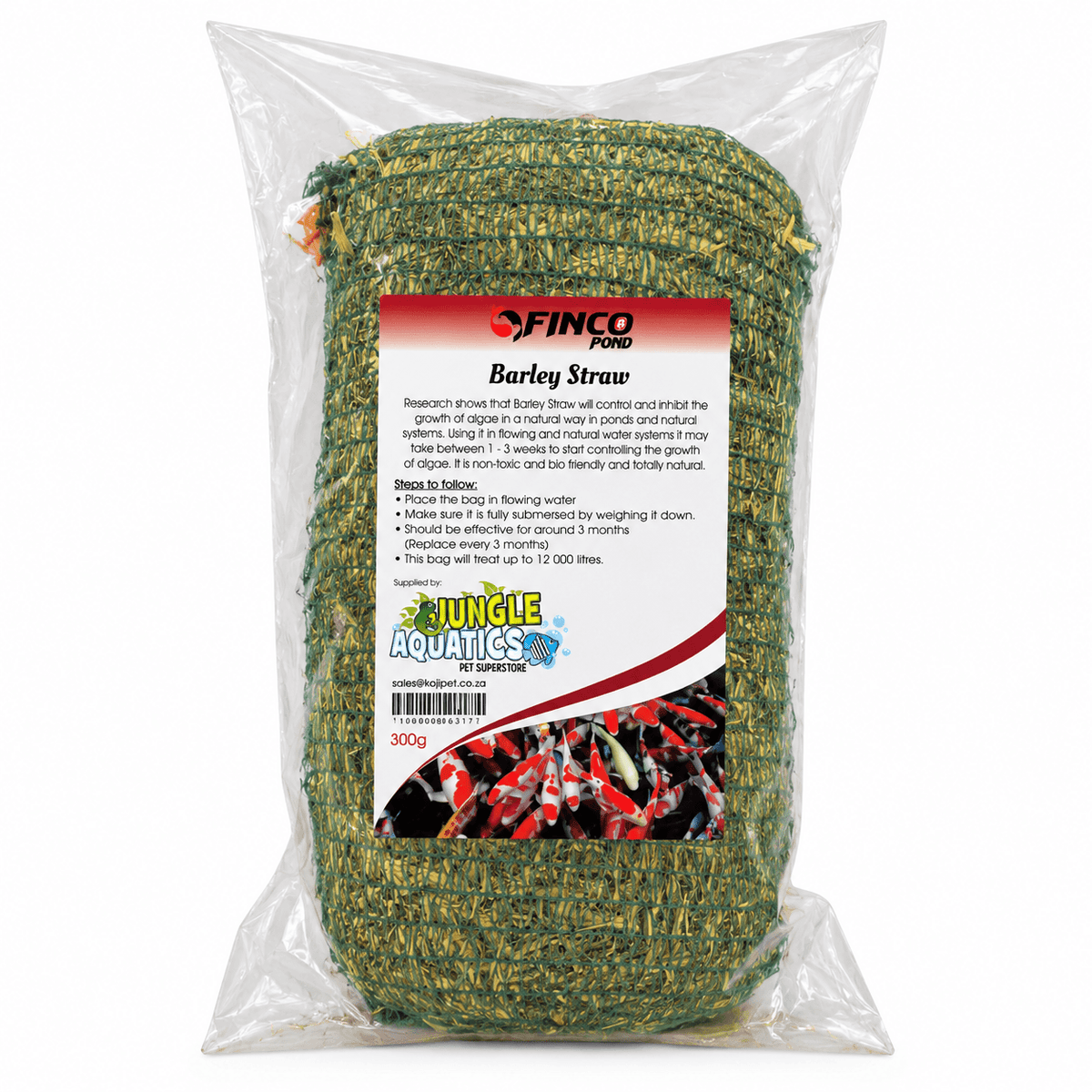 Natural Barley Straw Pond Algae Control 300G in packaging, natural pond treatment for algae management.