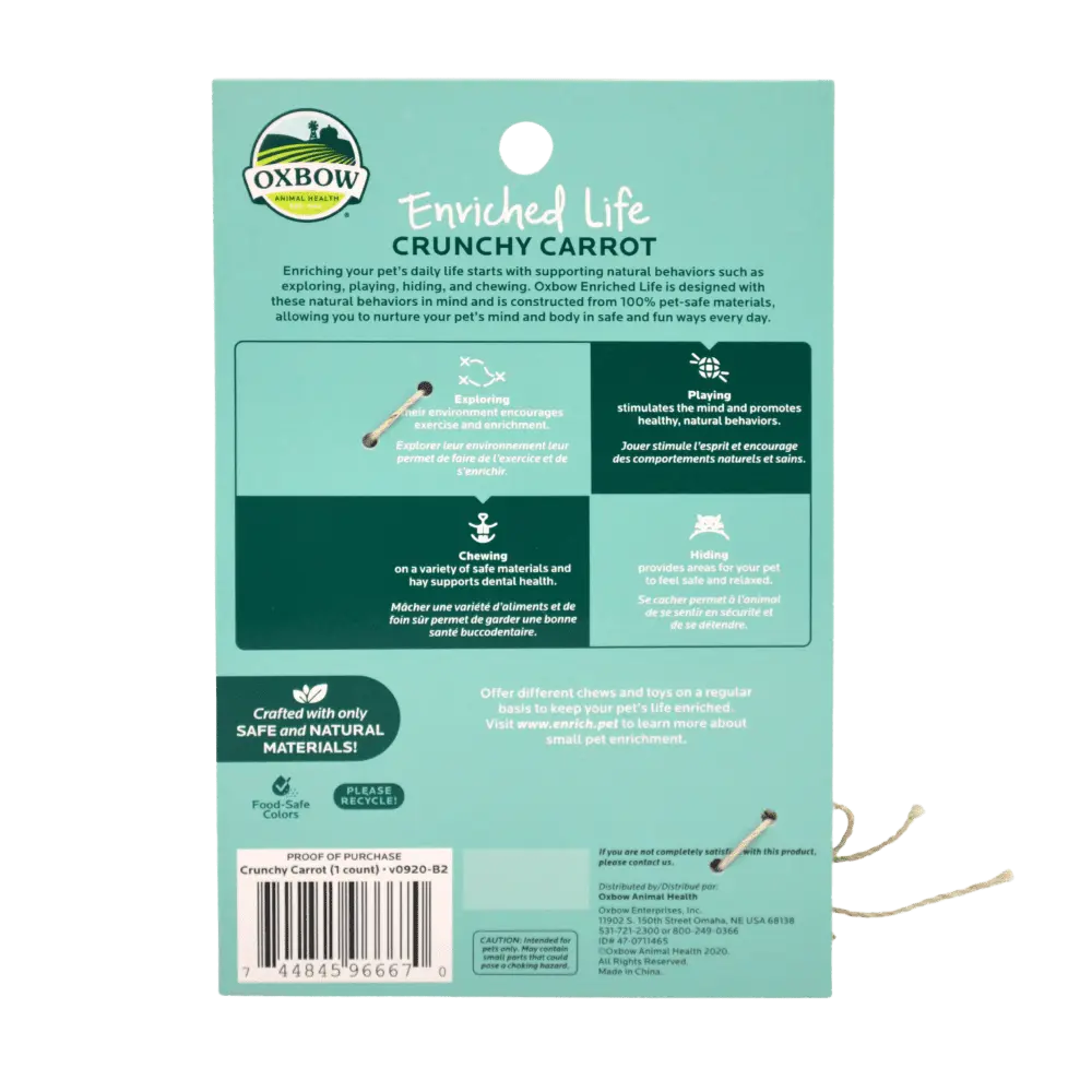Oxbow Enriched Life Crunchy Carrot packaging featuring details on pet enrichment and natural materials.