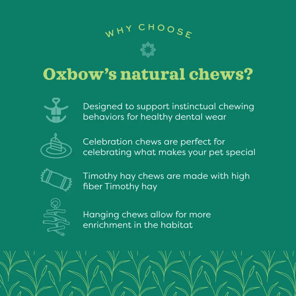 Oxbow Enriched Life Crunchy Carrot benefits including dental health, celebration, fiber, and habitat enrichment.