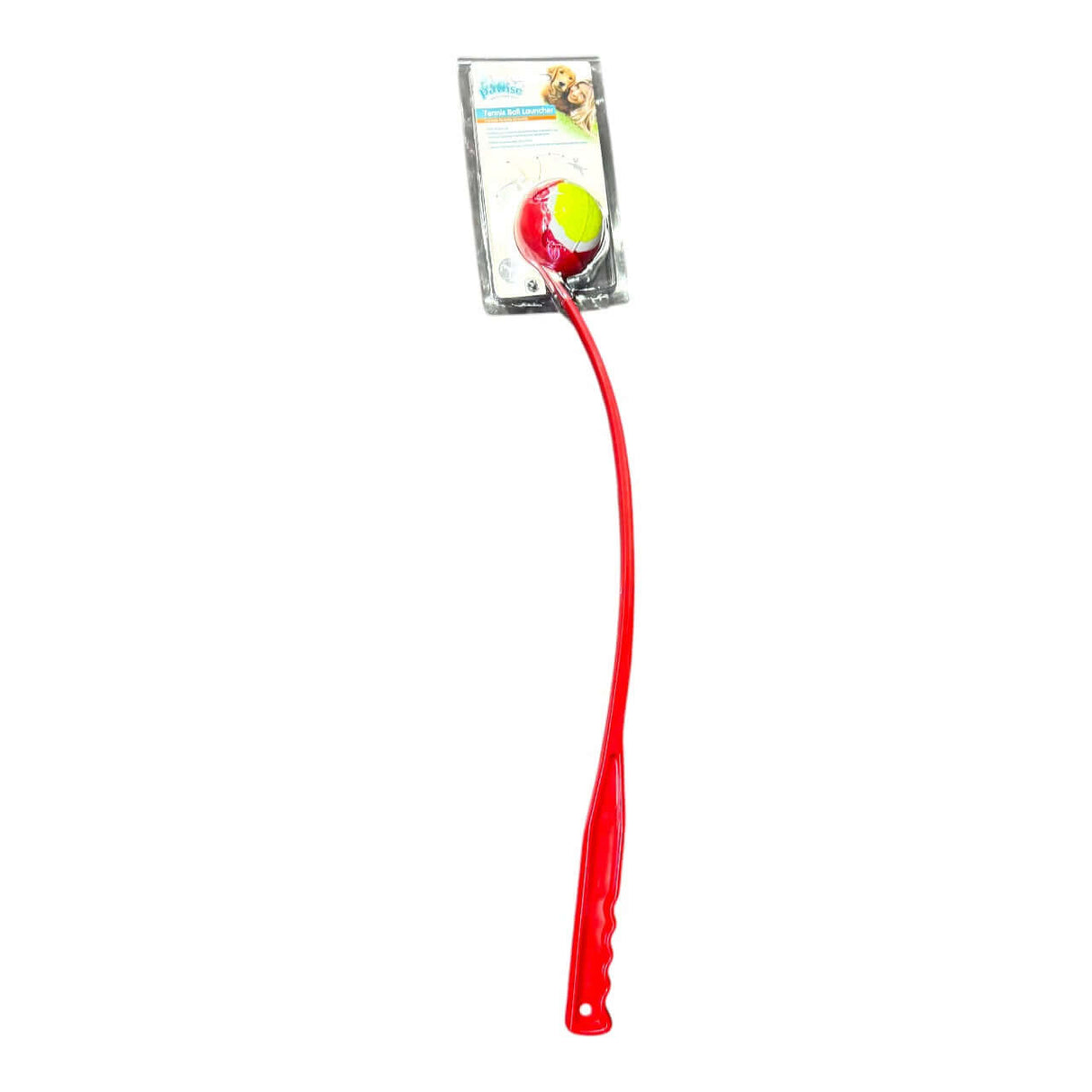 Pawise Tennis Ball Launcher with long handle and ball, designed for easy and effective fetching with your dog.