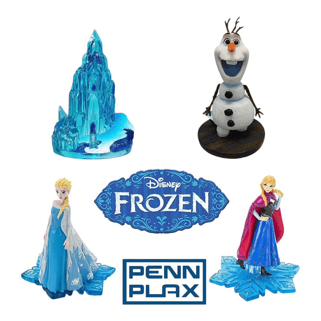 Penn-Plax Disney’s Frozen 4-Piece Aquarium Decoration Bundle featuring Elsa, Anna, Olaf, and an Ice Castle.