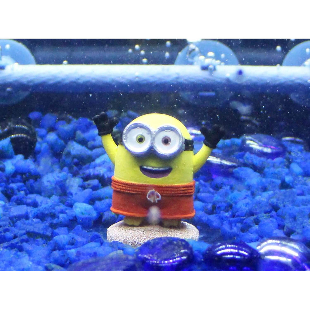 Penn-Plax Minions Officially Licensed aquarium ornament of a happy Minion character in a fish tank.