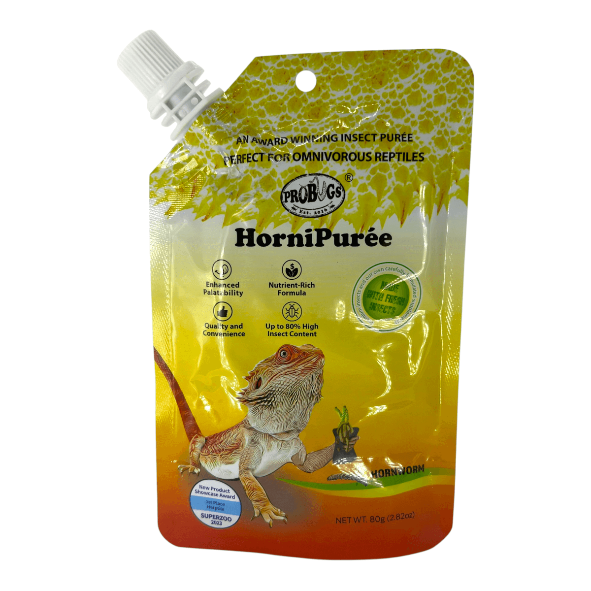 ProBugs Reptile Paste Food 80g pack featuring nutritious insect purée for reptile feeding.