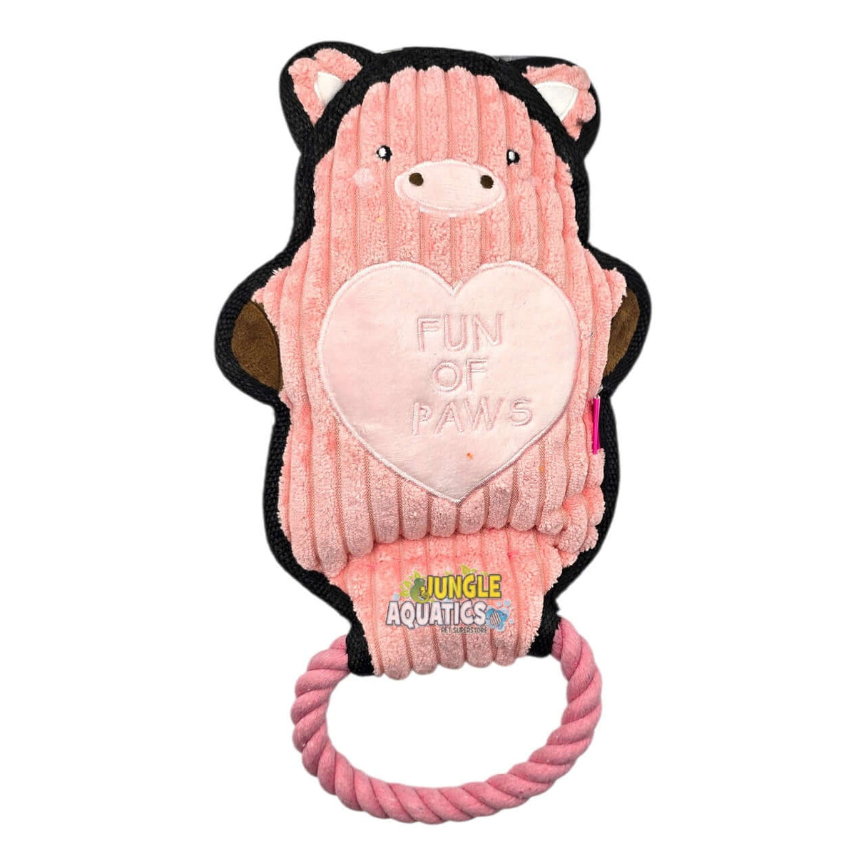 Q-Monster Dog Toy Pink Pig fun pink plush pig rope toy with heart detail and braided rope for dogs.