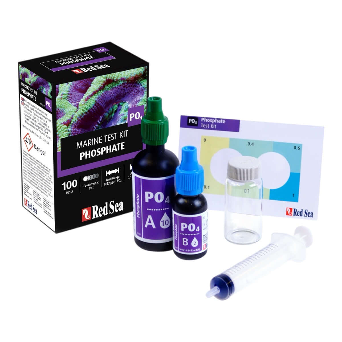 Red Sea MCP Phosphate Test Kit with reagents, vials, and colorimetric chart for accurate phosphate measurement.