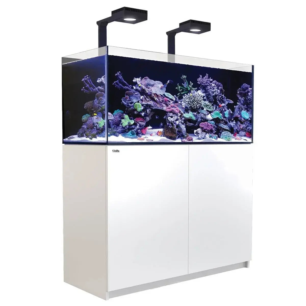 Red Sea Reefer G2+ 350 Aquarium with LED lights, showcasing vibrant corals and fish in a sleek white cabinet design.