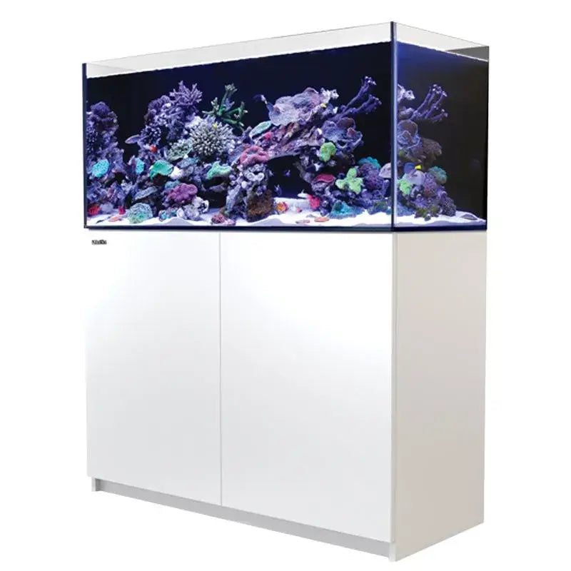 Red Sea Reefer G2+ 350 Aquarium with vibrant coral and fish, showcasing a modern design and filtration system.