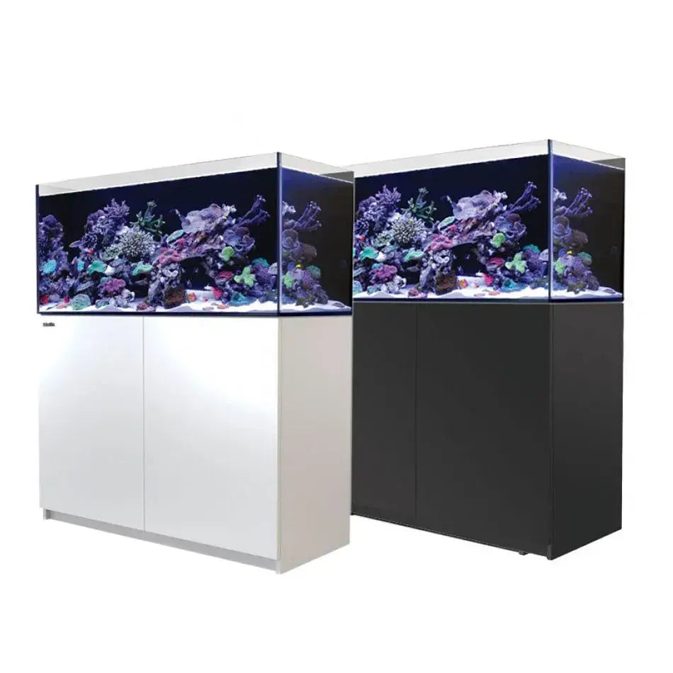 Red Sea Reefer G2+ 425 Aquarium showcasing vibrant coral reefs in two cabinet color options, white and black.