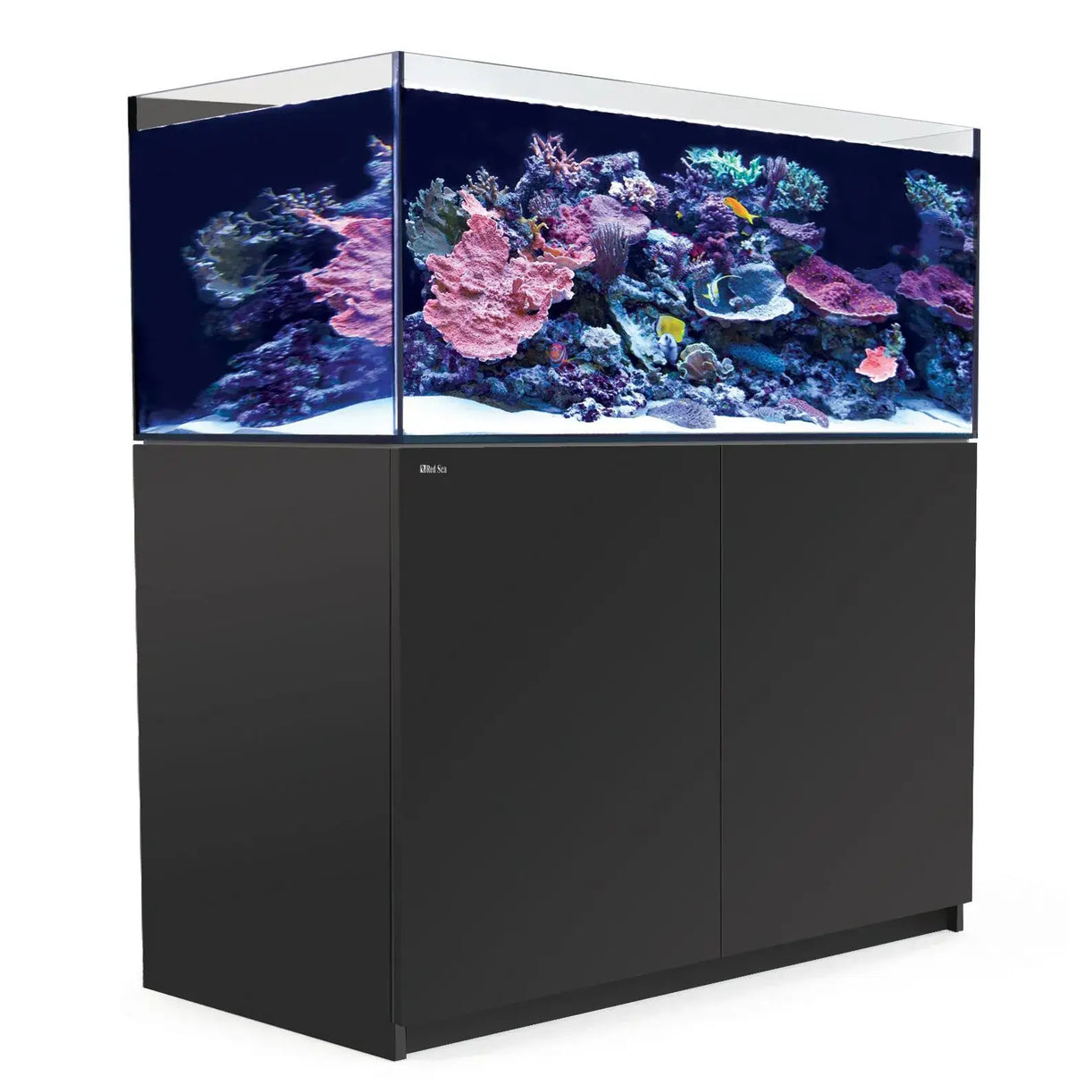 Red Sea Reefer G2+ 425 Aquarium with vibrant coral reef and sleek black cabinet, perfect for hobbyists.