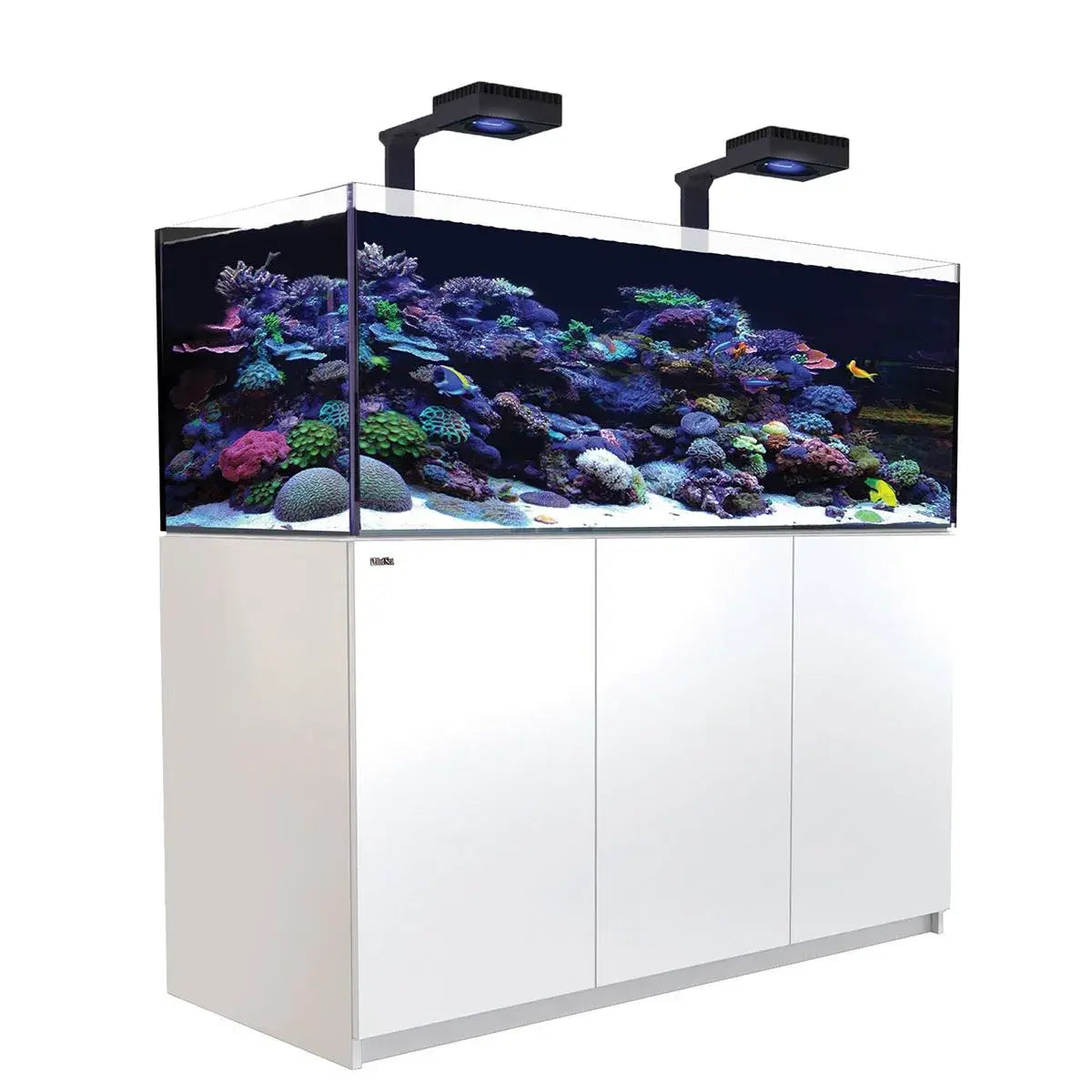 Red Sea Reefer G2+ 525 Aquarium with vibrant coral reef, equipped with dual LED lights and white cabinet base.